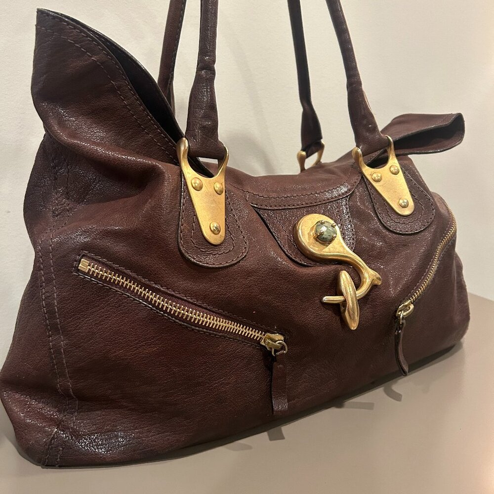 VALENTINO Brown/Burgundy Double Handle Purse with Gold Hardware
